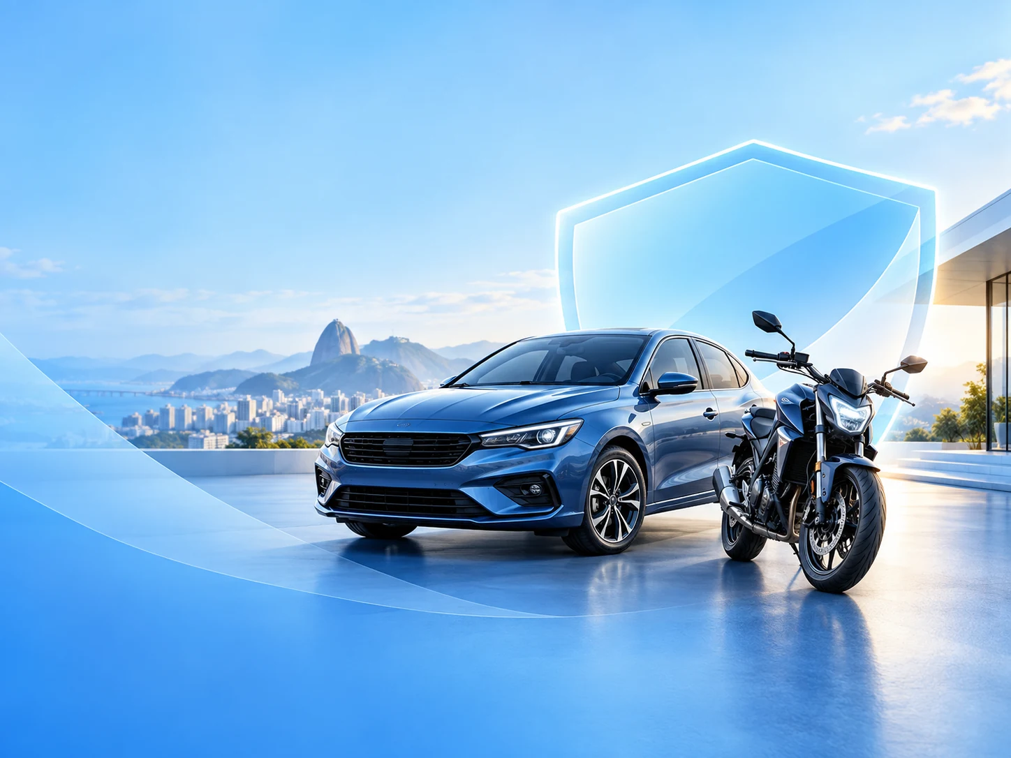 Carro e moto representando seguro veicular